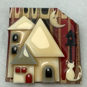 Lucinda House Pin Cat Moon Folk Art Resin Brooch